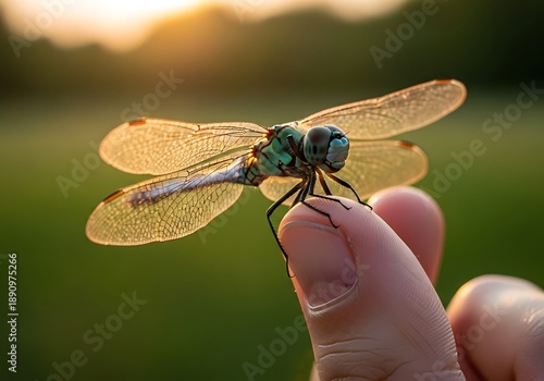 A dragonfly perched on a persons finger in a natural setting outdoors