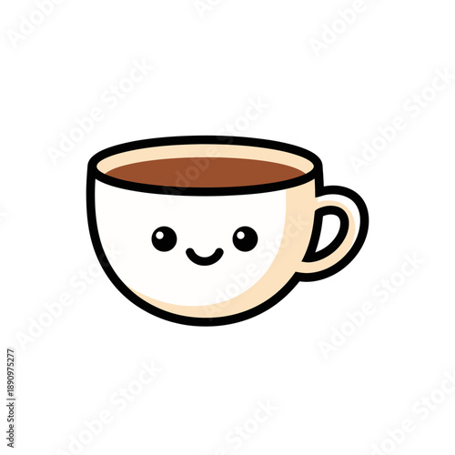 A cartoon coffee cup with a smiley face, filled with coffee, on a plain white background, viewed from the side.