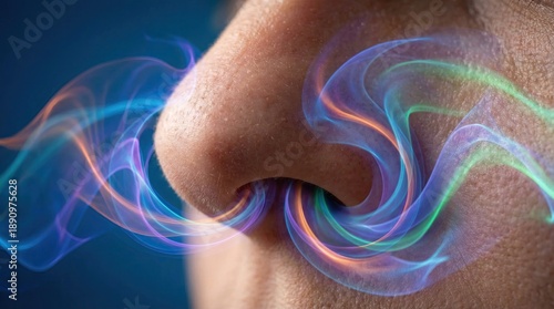 Nose with abstract waves for olfaction concept. A creative depiction of swirling colors around a nose.