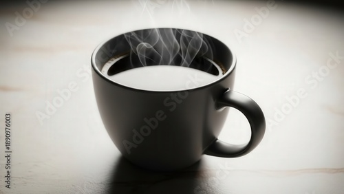 Steaming hot coffee in a black ceramic mug on a wooden table.