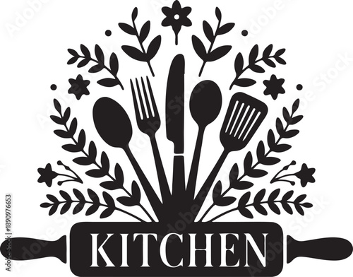 Kitchen emblem with utensils and rolling pin text, cooking related design elements, culinary theme illustration
