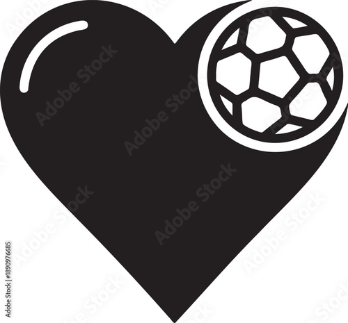 Soccer ball inside heart shape icon representing love for football sport game with simple black silhouette on transparent base