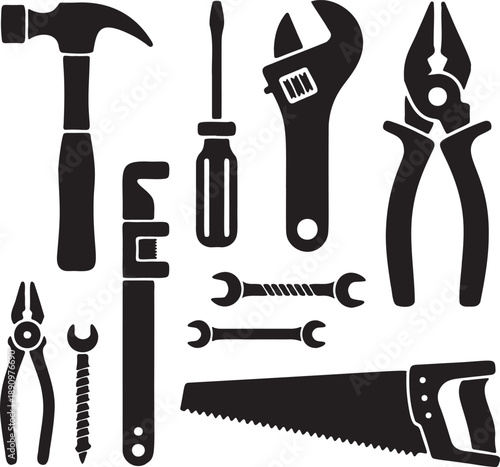 Collection of black silhouette tools for construction and repair work on transparent background
