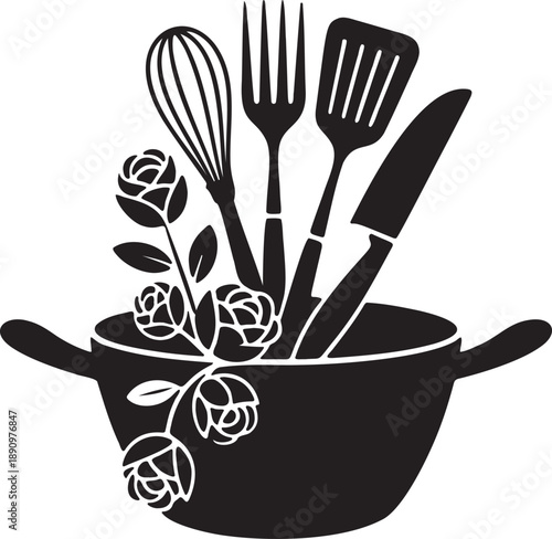 Cooking utensil set with whisk, fork, spatula, knife in cooking pot with floral element silhouette vector illustration