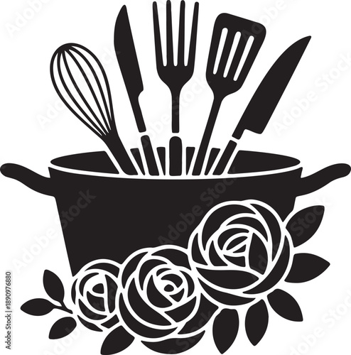 Cooking utensil set with whisk, knife, fork, spatula, knife in cooking pot with floral element silhouette vector