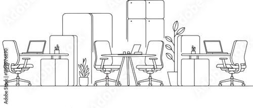 Contemporary open-plan office layout features multiple workstations, laptops, ergonomic chairs, and room dividers, creating a functional environment for teamwork.