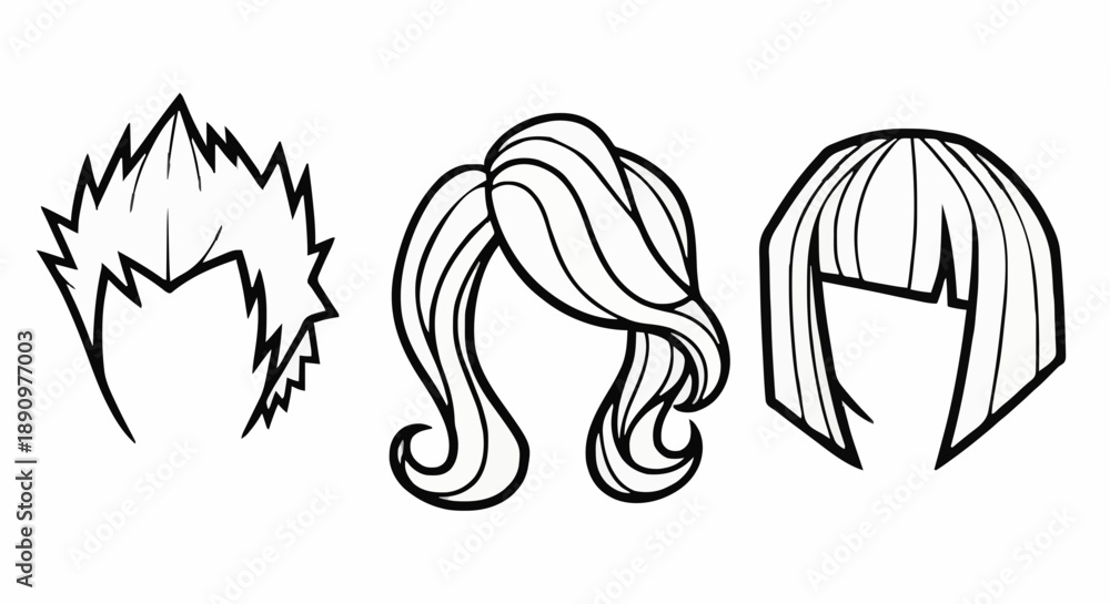 Obraz premium Collection of three hairstyle illustrations showcasing different styles and designs in a simple black and white format