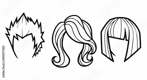 Collection of three hairstyle illustrations showcasing different styles and designs in a simple black and white format