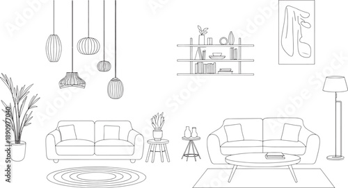 Various interior design elements and home furnishings are presented as detailed black outline illustrations, including sofas, lamps, plants, and shelving units for modern living spaces.