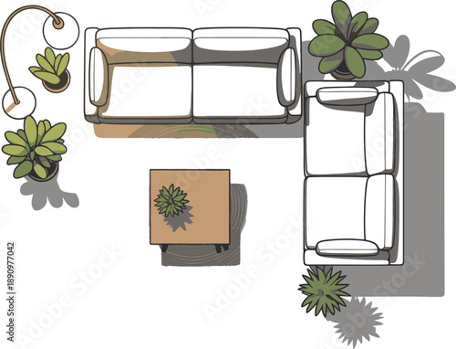 Modern L-shaped sofa arrangement, seen from a top-down perspective, features a simple coffee table and lush potted plants, creating a comfortable and inviting living space layout.