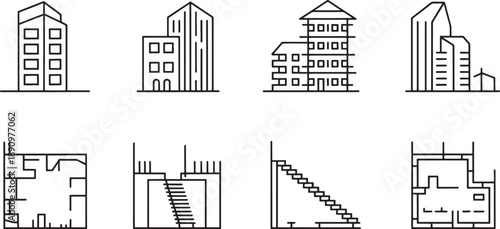 Architectural line art illustrations present a diverse collection of modern city buildings, detailed floor plans, and internal structural elements like stairs, ideal for urban planning visuals.