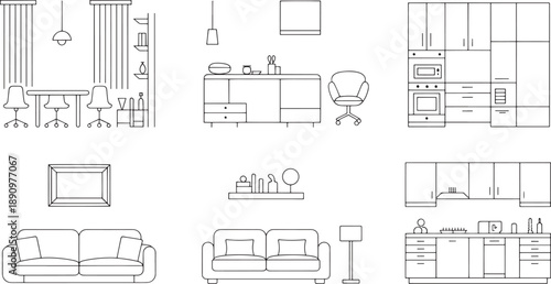 Various interior furniture pieces and home decor items are depicted as black outline illustrations, showcasing common household elements suitable for architectural plans or design layouts.