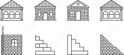 Various architectural line art illustrations feature different house exteriors with distinct rooflines and facades, alongside construction elements such as brick walls and staircases, representing.