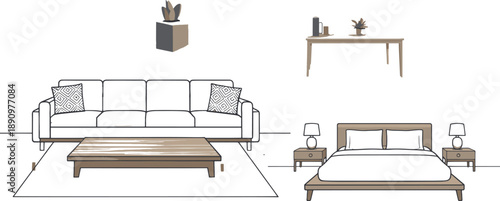 Various line art illustrations present essential interior furniture pieces for home decor, including a long sofa with a coffee table, a bedroom set with a bed and nightstands, and a console table.