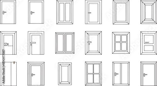 Various architectural line art illustrations display a comprehensive collection of different door and window designs, showcasing multiple styles of entryways and frames suitable for building.