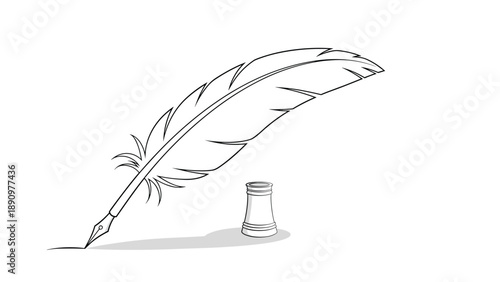 Classic black and white line art illustration of a feather quill pen writing next to a small inkwell for literature and history themes.