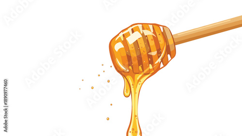 Appetizing illustration of golden honey dripping from a wooden honey dipper isolated on a white background for food and health themes.