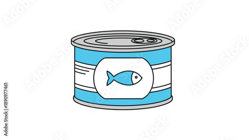 Simple blue and white illustration of a fish tin can with a pull-tab lid isolated on a white background for food and storage graphics.