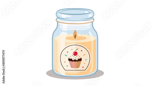 Fragrant jar candle with a cute cherry cupcake label for cozy home ambiance and birthday gift themed graphic design projects.
