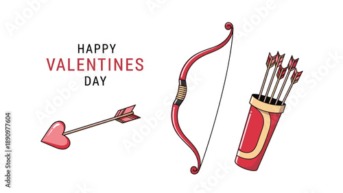 Set of Valentines Day romantic hunting tools featuring a red bow and arrow with a heart tip and matching quiver.