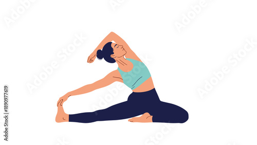 Young woman in athletic wear performing a seated side stretch yoga pose for flexibility and strength on white.