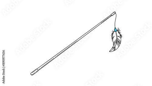 Cat teaser toy with a long white stick and a natural feather attached to a string for interactive pet playtime.