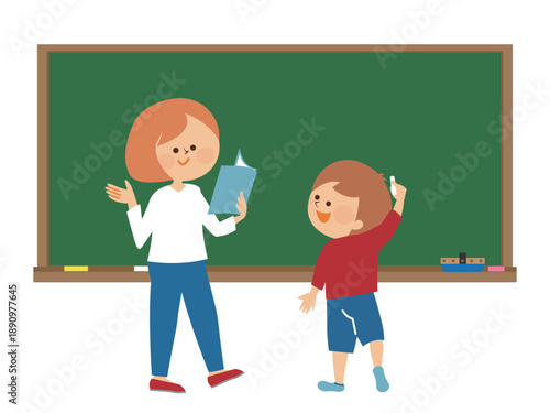 黒板の前に立つ先生と生徒　イラスト素材
