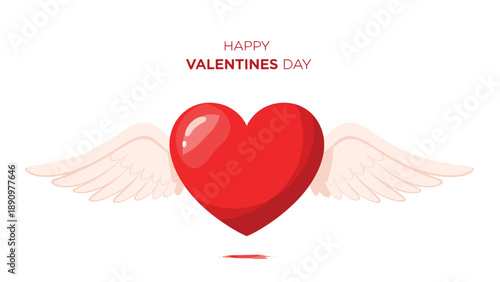 Valentines Day greeting card design featuring a large shiny red heart with white angel wings on a plain background.