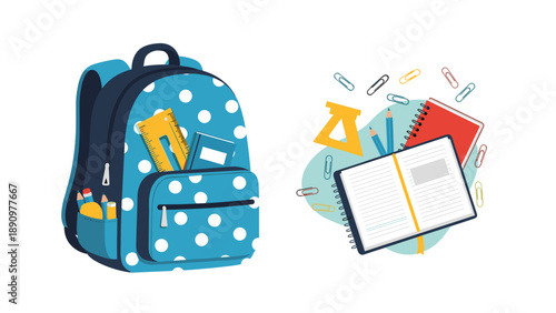 Blue polka dot backpack and school supplies including open notebooks and pencils for back to school season art.