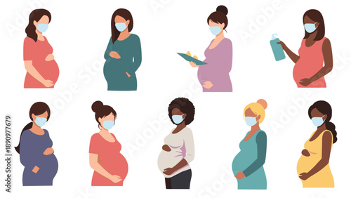 Group of diverse pregnant women wearing protective face masks and comfortable maternity clothes in various colors.