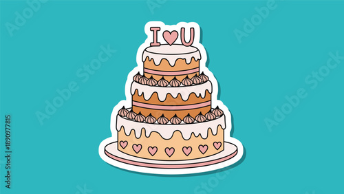 Three tier celebration cake with pink icing and heart decorations topped with romantic text in a sticker style.