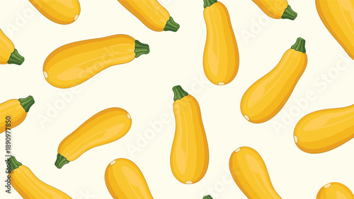 Vibrant seamless pattern of yellow zucchinis and summer squashes with green stems on a light yellow background.