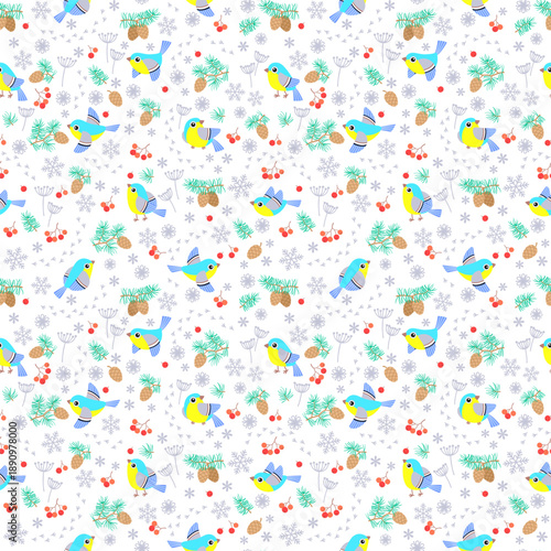 Seamless winter bird pattern with cute blue tits pine cones berries and snowflakes, playful hand drawn Christmas illustration for textile wrapping and holiday decor