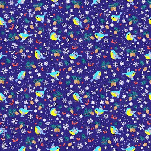 Seamless winter bird pattern with cute blue tits, pine cones, berries and snowflakes on dark blue background, playful hand drawn Christmas illustration for textile wrapping and holiday decor