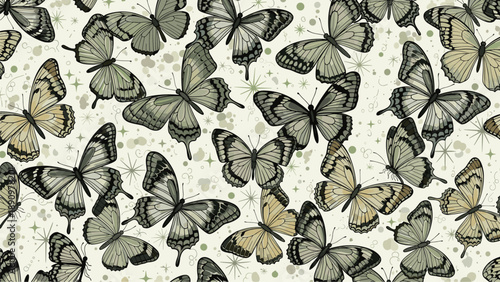 Intricate seamless pattern of many grey and beige butterflies with detailed wing patterns on a spotted background.