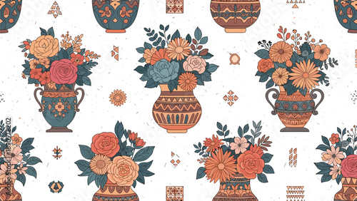 Traditional seamless pattern with diverse flower bouquets in decorated ceramic pots with ethnic tribal designs.