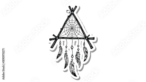 Intricate black and white dreamcatcher with a triangular frame and spider web design for spiritual protection art.