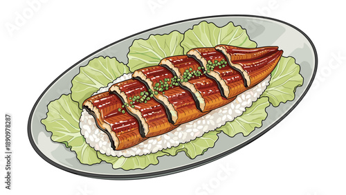 Traditional Japanese unagi donburi featuring grilled eel over a bed of white rice with lettuce garnish on a plate.