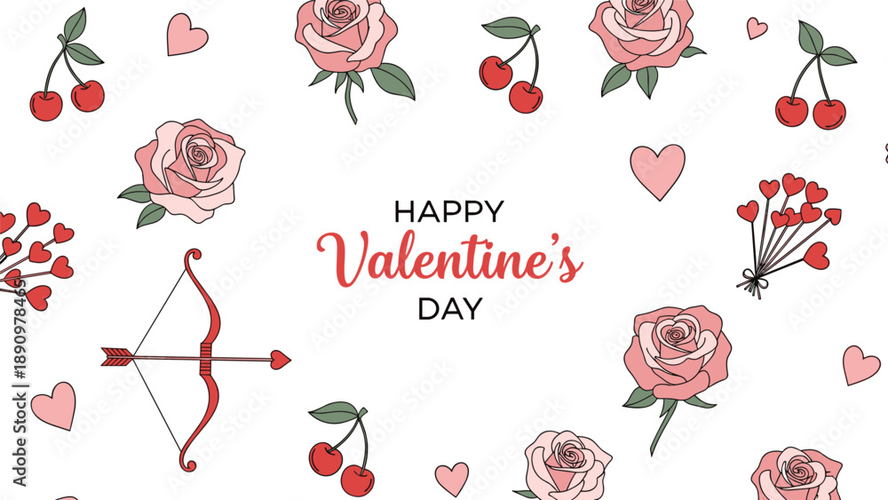 Fototapeta premium Festive Valentine's Day greeting with roses, hearts, cherries, and Cupid's bow surrounding the central message for romantic celebrations.