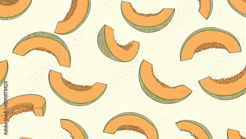 Refreshing pattern of juicy cantaloupe melon slices with textured rinds and seeds scattered on a light cream background for summer themes.