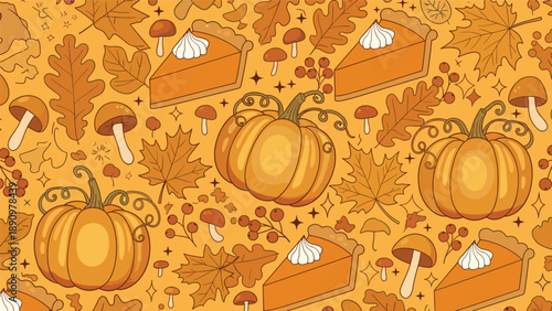 Warm autumn pattern featuring whole pumpkins, slices of pumpkin pie with whipped cream, and fall leaves for thanksgiving celebration designs.