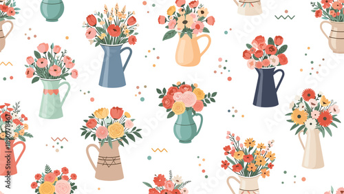 Elegant pattern of various colorful flower bouquets in stylish ceramic vases for home decor and spring season floral themed designs.