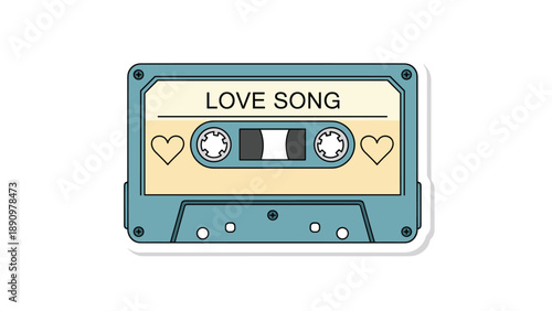 Retro blue audio cassette tape sticker with Love Song title and heart icons for nostalgia and music-themed graphic design projects.