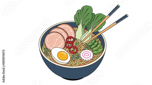 Delicious bowl of Japanese ramen soup with pork slices, egg, noodles, bok choy, and narutomaki isolated on a white background with chopsticks.
