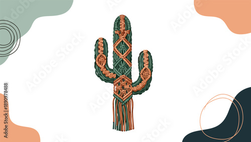 Intricately knotted macrame cactus wall hanging in green and tan tones with abstract organic shapes in the background for boho decor.