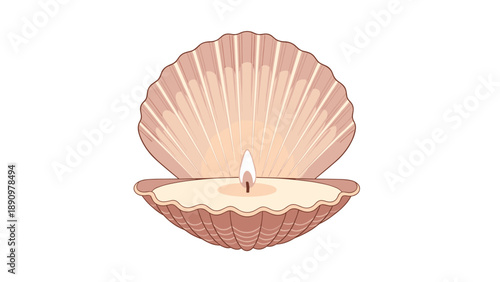 Serene illustration of a lit candle nestled inside a beautiful pink seashell for coastal home decor and relaxing spa atmosphere themes.