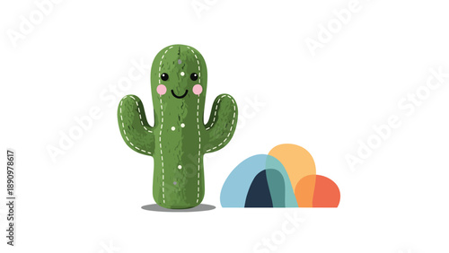 Adorable green cartoon cactus character with a happy face and pink cheeks standing next to colorful abstract hills for kids design.
