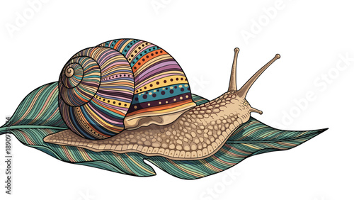 Whimsical illustration of a snail with a colorful patterned shell crawling on a textured green leaf for nature and garden themes.