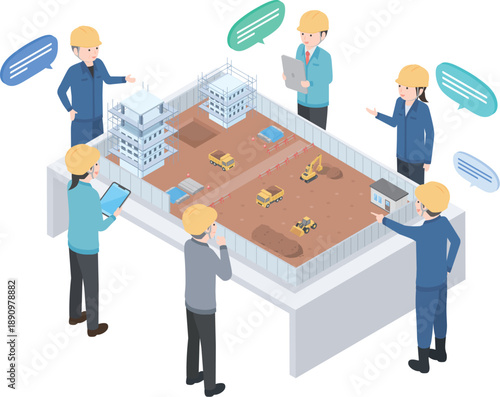 建設現場の様子を確認しながら打ち合わせをしている人々