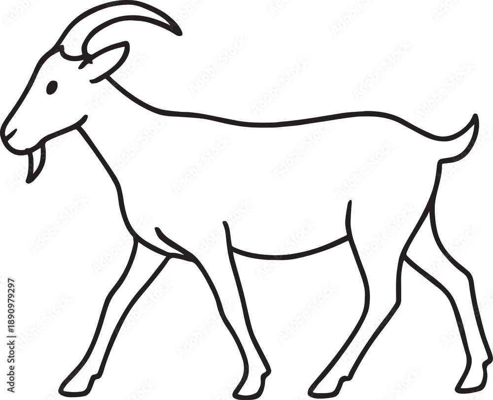 Fototapeta premium Minimalist black line drawing of a walking goat in profile view, curved horns and beard visible, clean and stylized, isolated on white.
